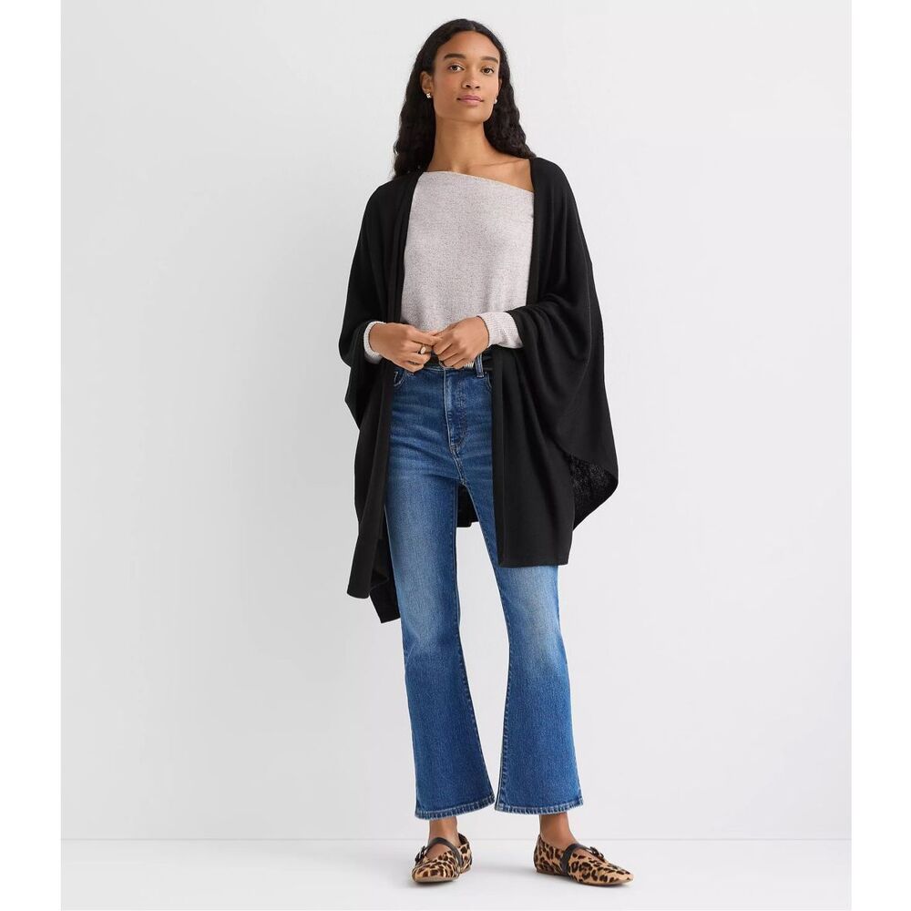 LOFT $89 Travel Wrap Sweater Shawl Kimono Black womens One Size NEW